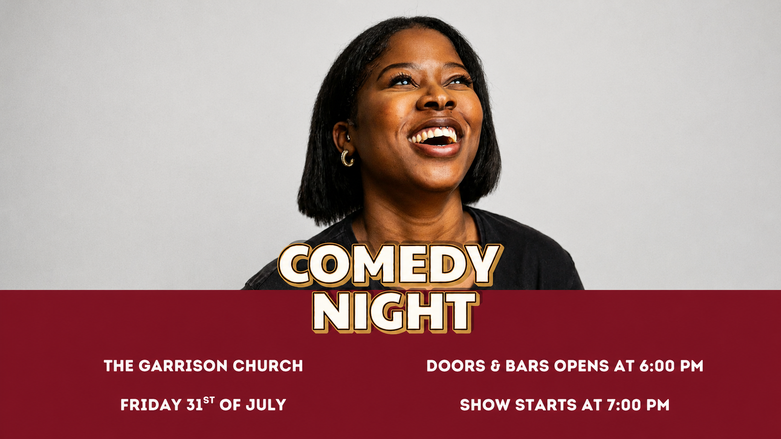 KCD Comedy Night poster — Friday 31st July at The Garrison Church