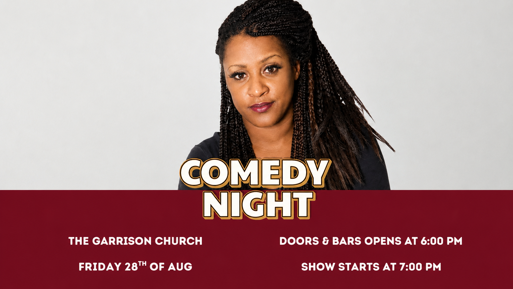 KCD Comedy Night poster — Friday 28th August at The Garrison Church